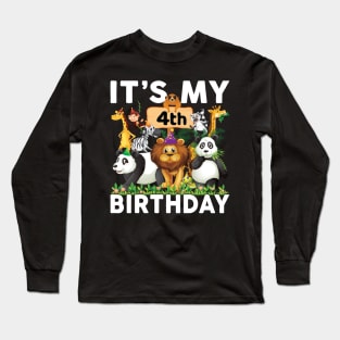 Safari Zoo Animals Lover Birthday Shirt Its My 4th Birthday Long Sleeve T-Shirt